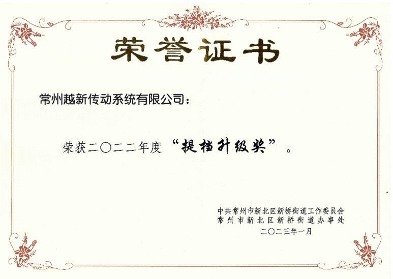 越新傳動獲新橋街道2022年度加快經(jīng)濟(jì)高質(zhì)量發(fā)展優(yōu)勝單位